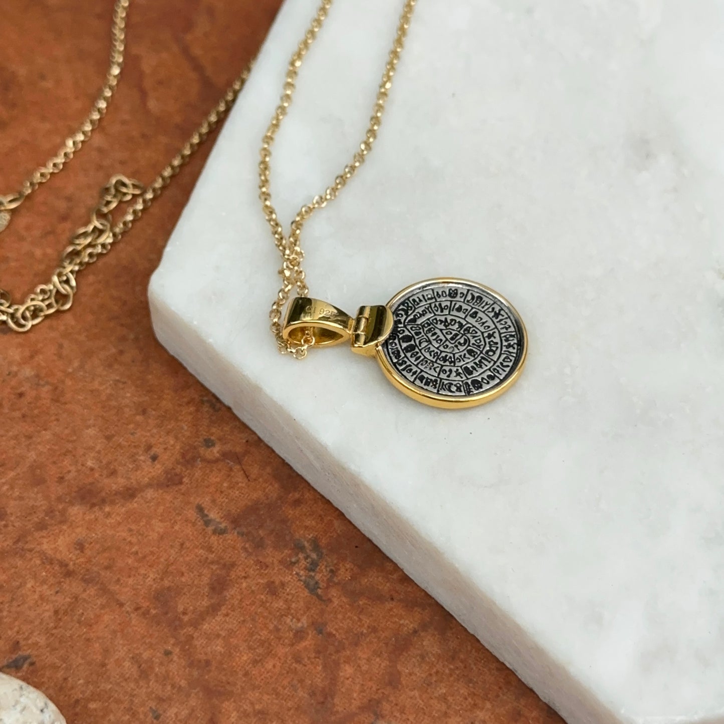 24KT Yellow Gold Infused + Sterling Silver Replica Phaistos Coin Pendant with Chain