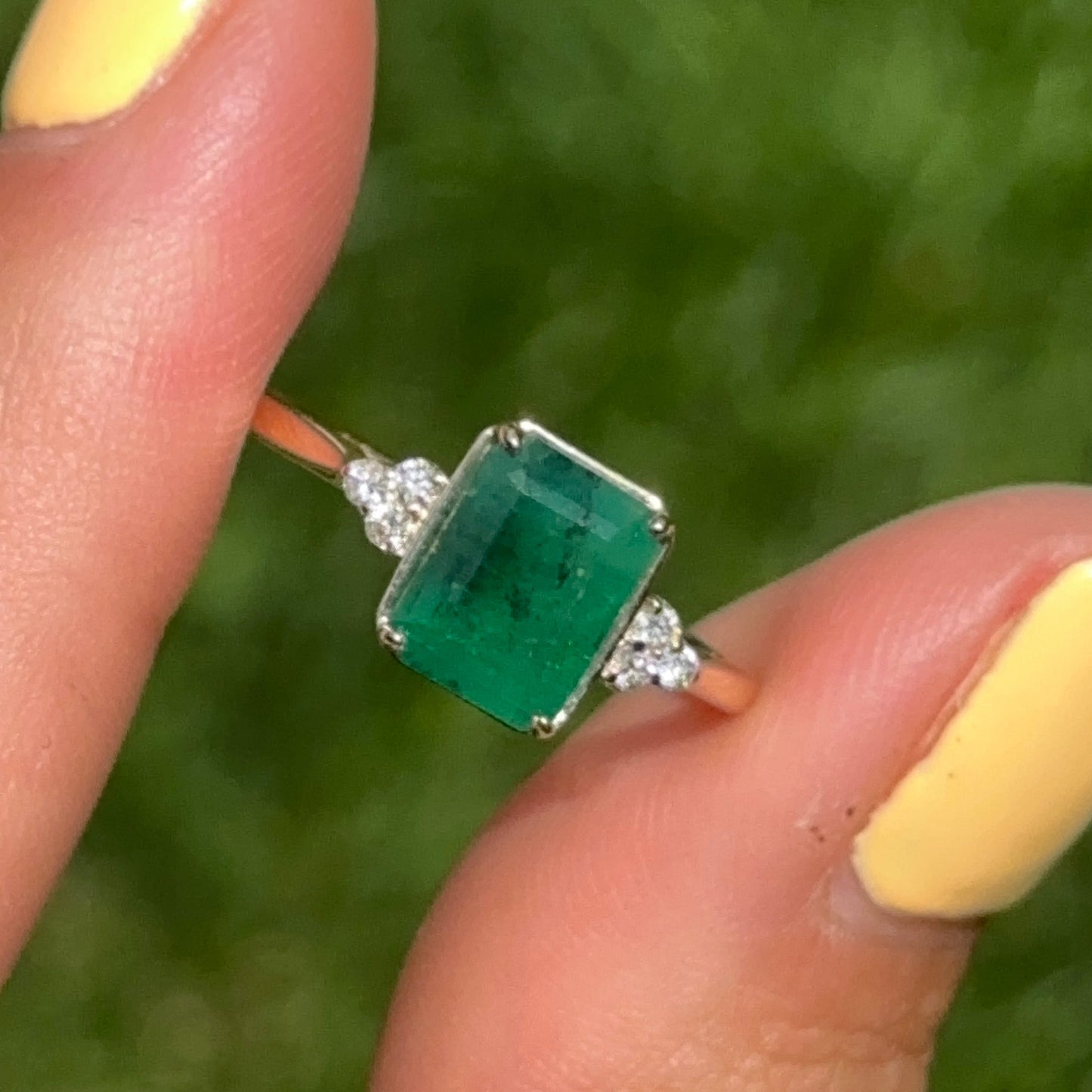 14KT Yellow Gold Emerald-Cut 1.55 CT Emerald + Diamond Ring