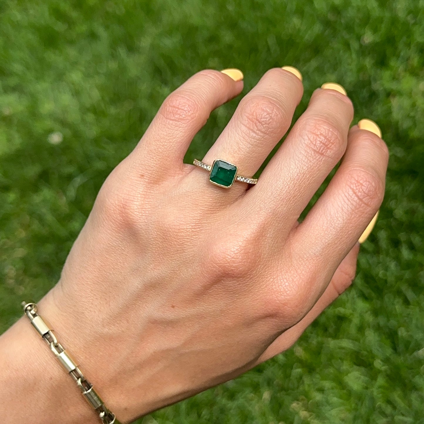 14KT Yellow Gold Bezel Emerald-Cut 1.10 CT Emerald + Diamond Ring