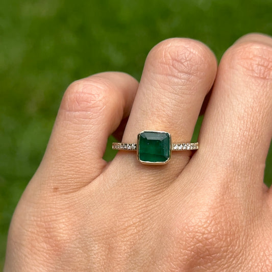 14KT Yellow Gold Bezel Emerald-Cut 1.10 CT Emerald + Diamond Ring