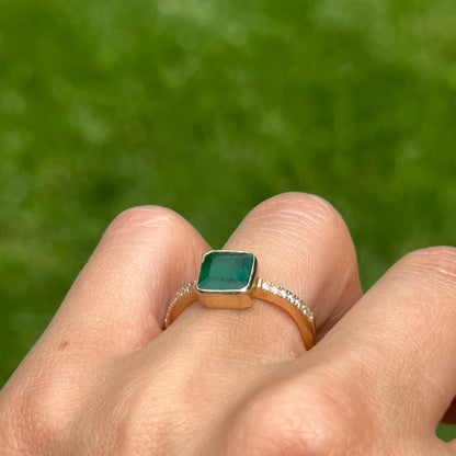 14KT Yellow Gold Bezel Emerald-Cut 1.10 CT Emerald + Diamond Ring