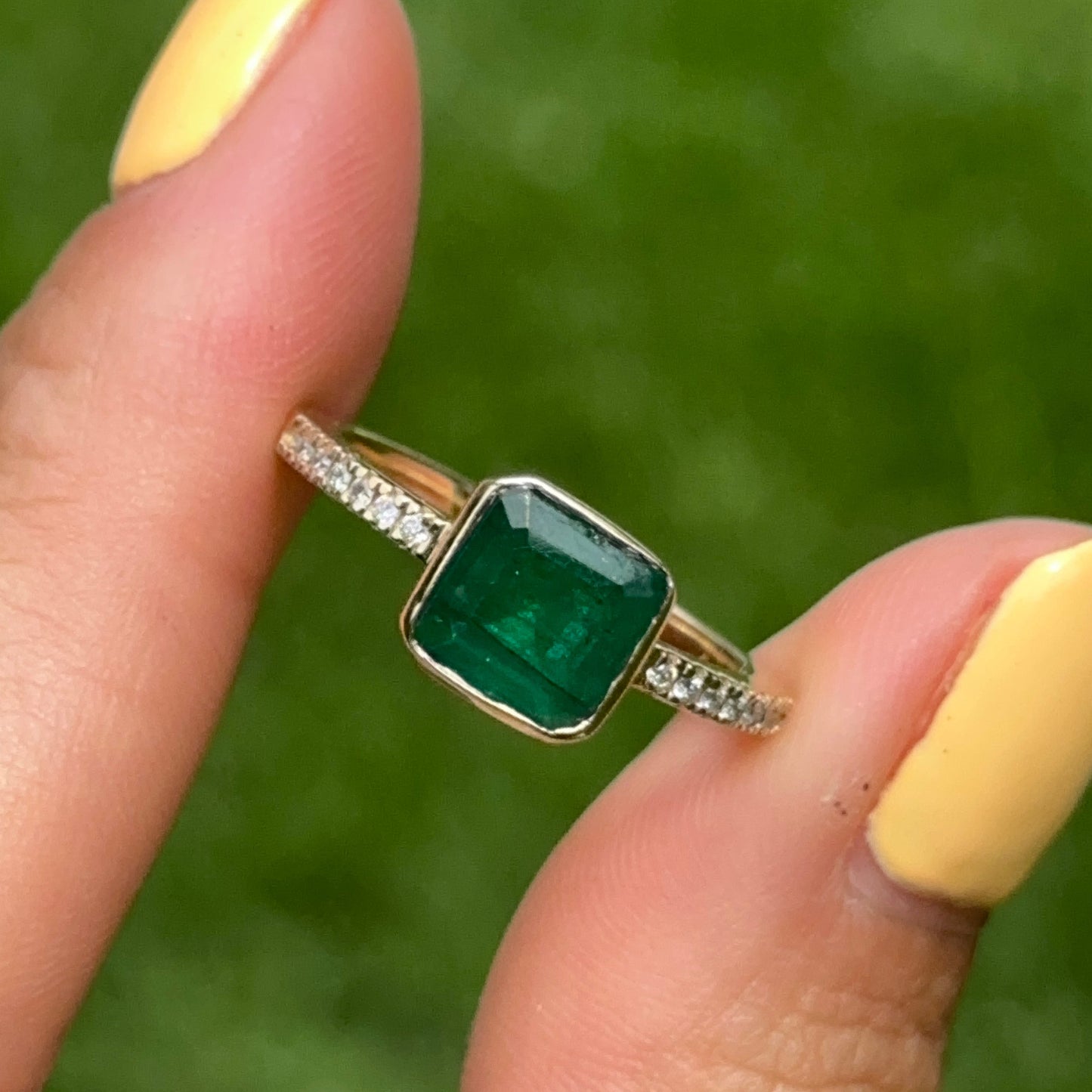 14KT Yellow Gold Bezel Emerald-Cut 1.10 CT Emerald + Diamond Ring