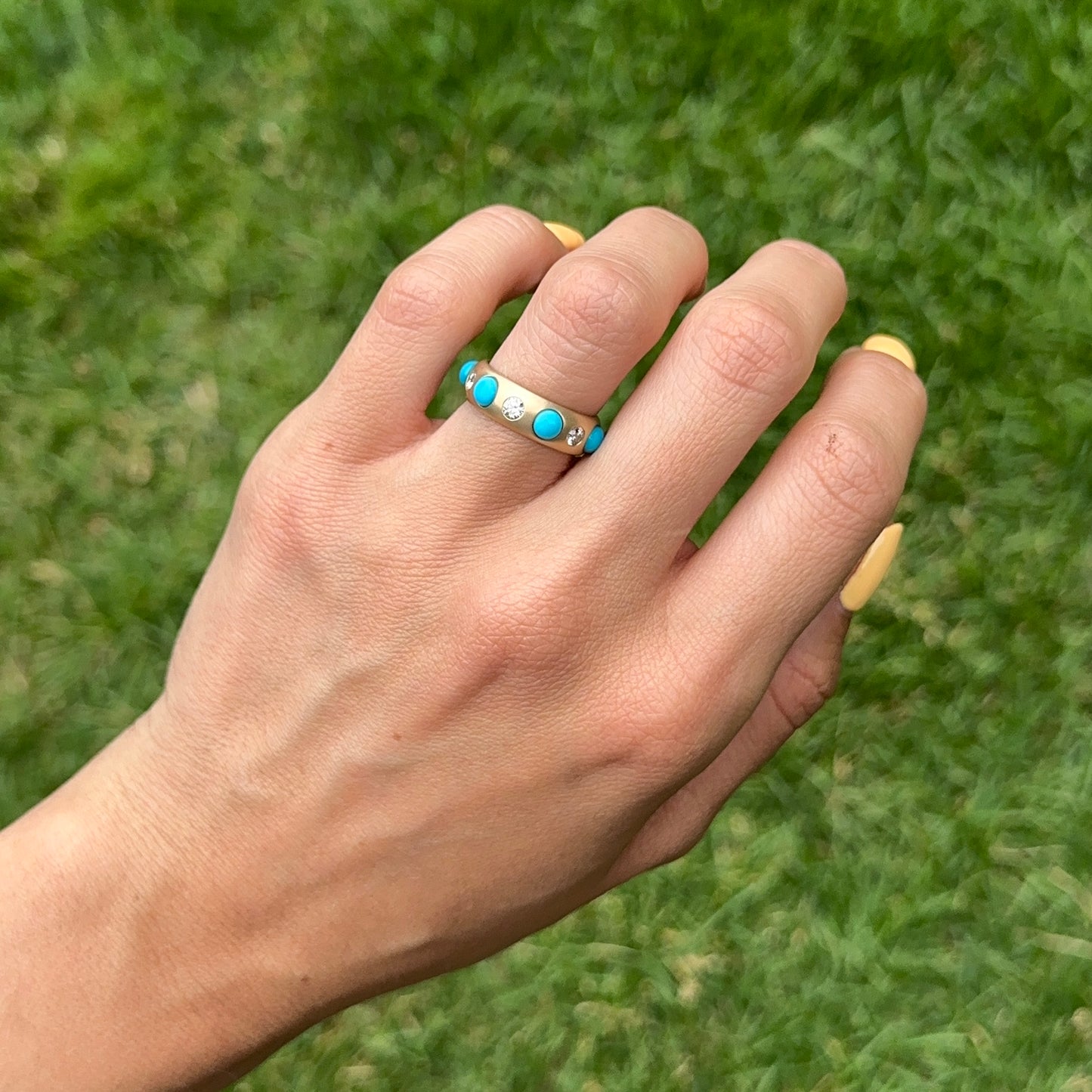 Estate 14KT Yellow Gold Turquoise + Diamond Eternity Matte Ring