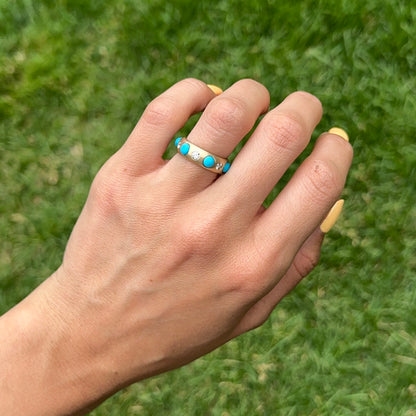 Estate 14KT Yellow Gold Turquoise + Diamond Eternity Matte Ring