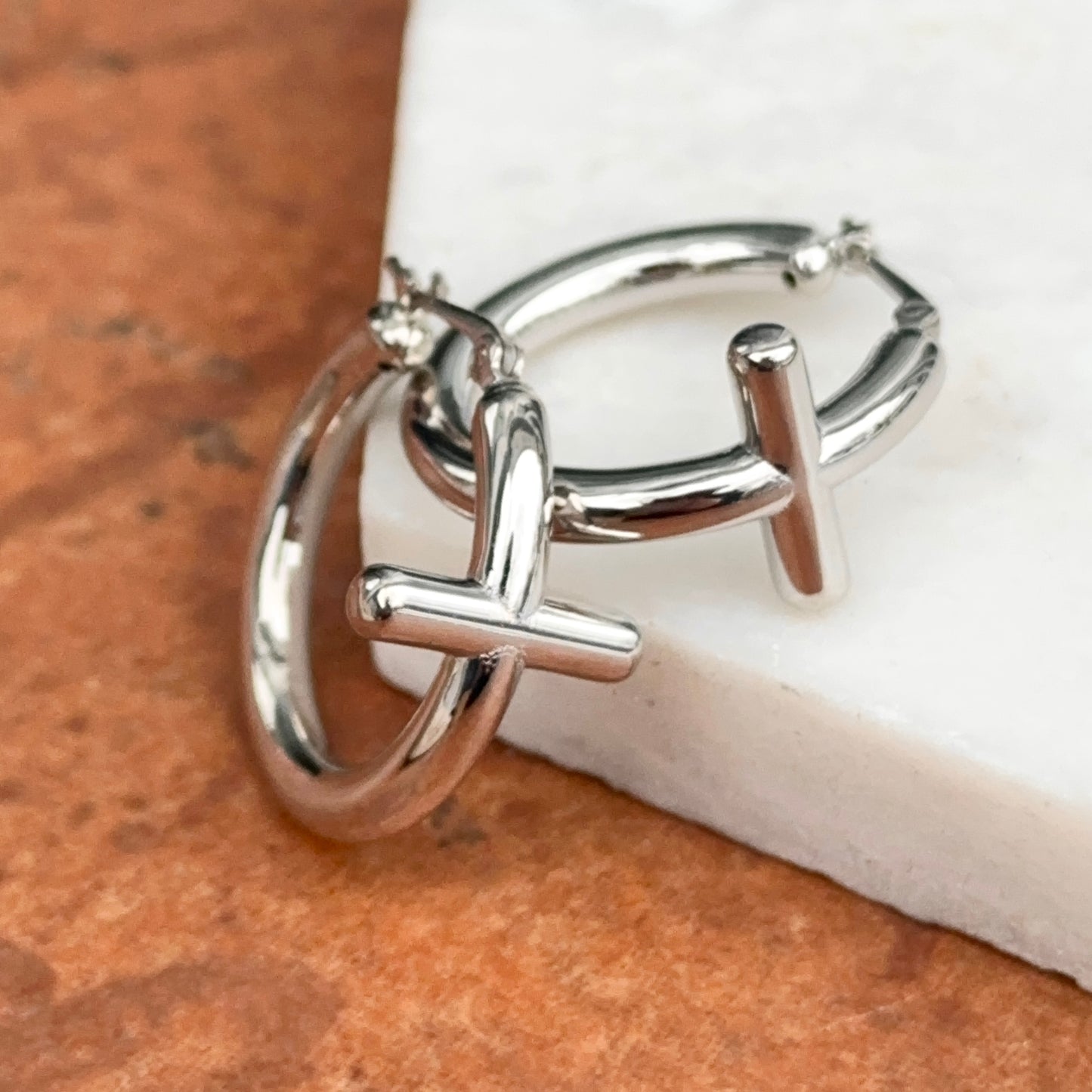 Sterling Silver Cross Tube Hoop Earrings Small Hollow