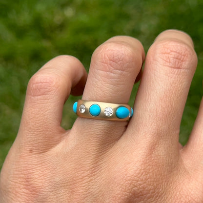 Estate 14KT Yellow Gold Turquoise + Diamond Eternity Matte Ring