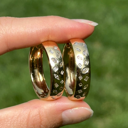 Estate 18KT Yellow Gold Multi-Shapes Gypsy Set Diamond Hoop Earrings Large