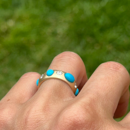 Estate 14KT Yellow Gold Turquoise + Diamond Eternity Matte Ring