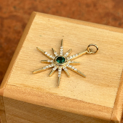 14KT Yellow Gold Emerald + Diamond Starburst Pendant