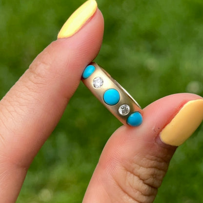 Estate 14KT Yellow Gold Turquoise + Diamond Eternity Matte Ring