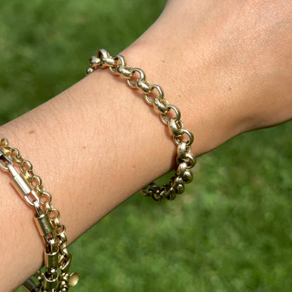 Estate 14KT Yellow Gold Round Link Toggle Bracelet + Cabochon Amethyst