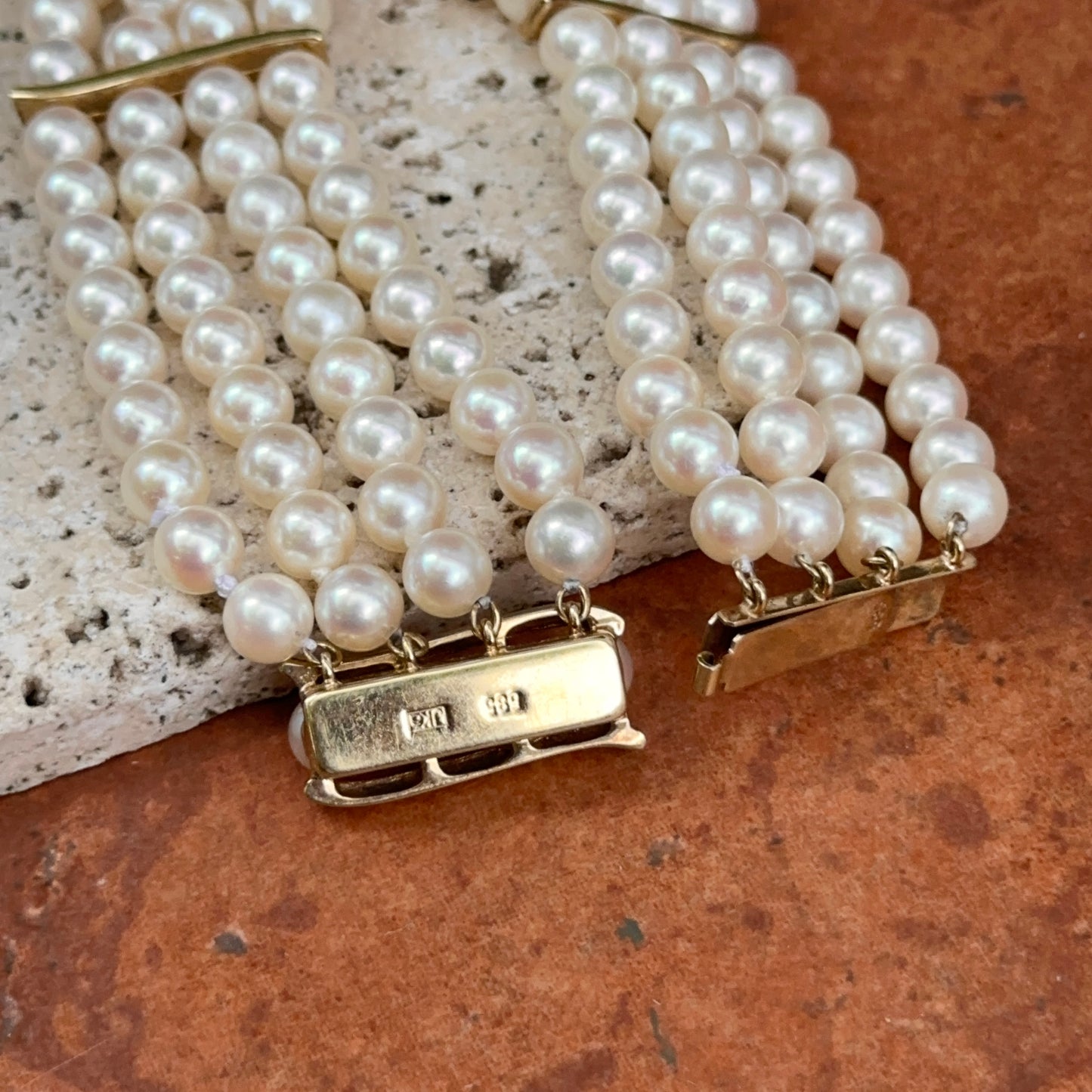 14KT Yellow Gold Four Strand Pearl Bracelet + Yellow Gold Links