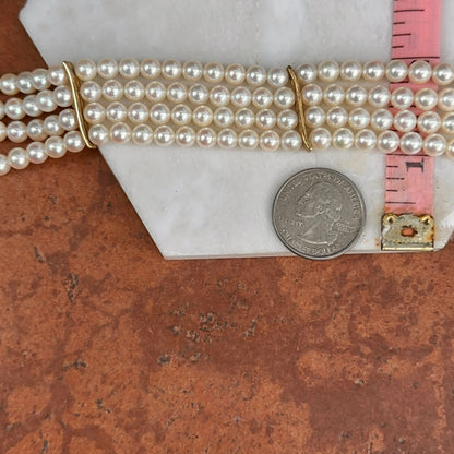 14KT Yellow Gold Four Strand Pearl Bracelet + Yellow Gold Links