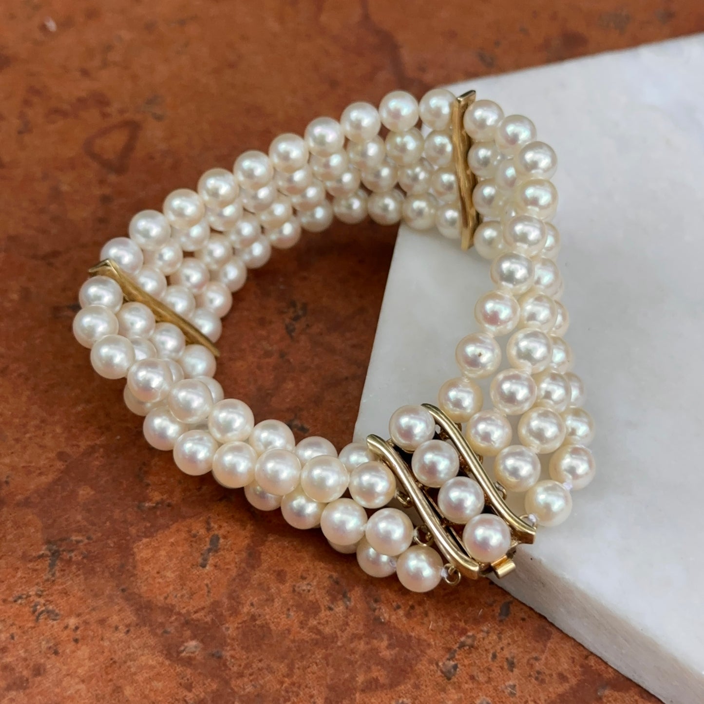 14KT Yellow Gold Four Strand Pearl Bracelet + Yellow Gold Links