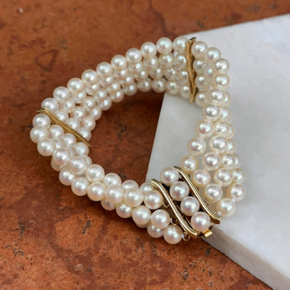 14KT Yellow Gold Four Strand Pearl Bracelet + Yellow Gold Links