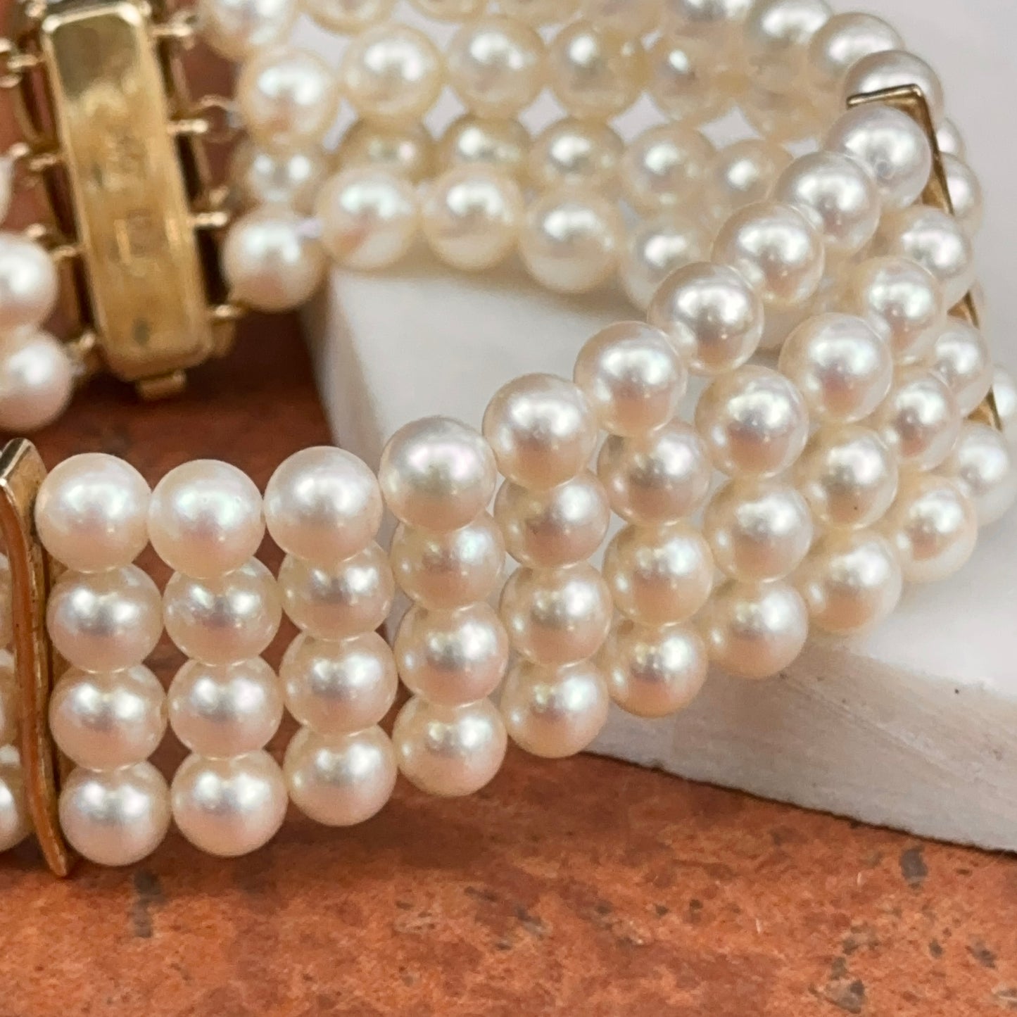 14KT Yellow Gold Four Strand Pearl Bracelet + Yellow Gold Links