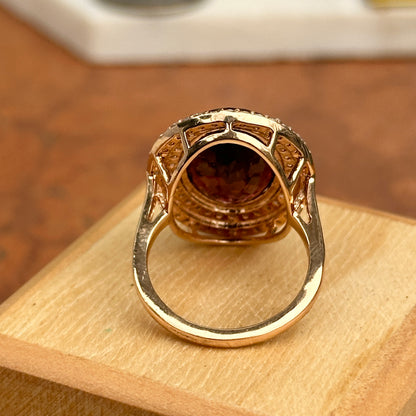 14KT Rose Gold Oval Large Tourmaline + Double Diamond Halo Ring
