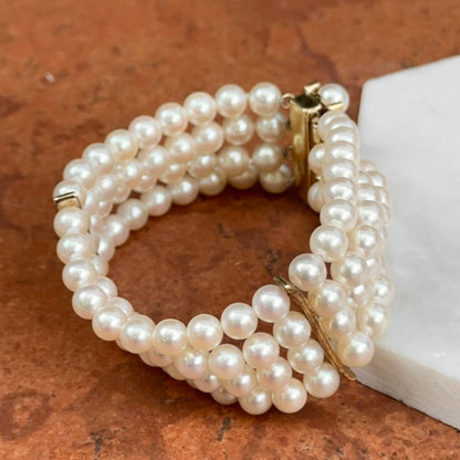 14KT Yellow Gold Four Strand Pearl Bracelet + Yellow Gold Links