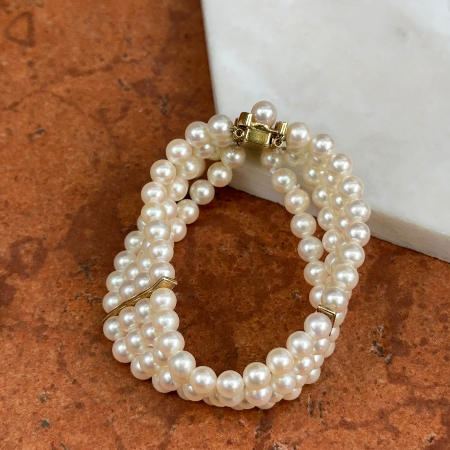 14KT Yellow Gold Four Strand Pearl Bracelet + Yellow Gold Links