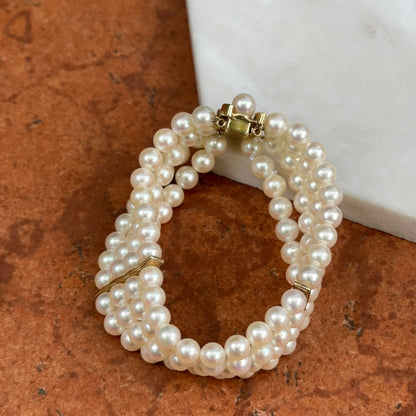 14KT Yellow Gold Four Strand Pearl Bracelet + Yellow Gold Links