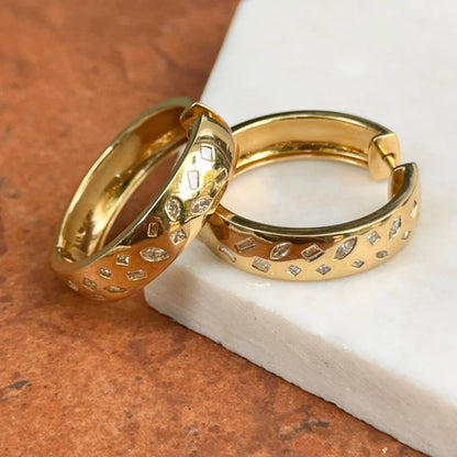 Estate 18KT Yellow Gold Multi-Shapes Gypsy Set Diamond Hoop Earrings Large