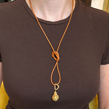 14KT Yellow Gold 2mm Natural Leather Cord Necklace 32" Knotted