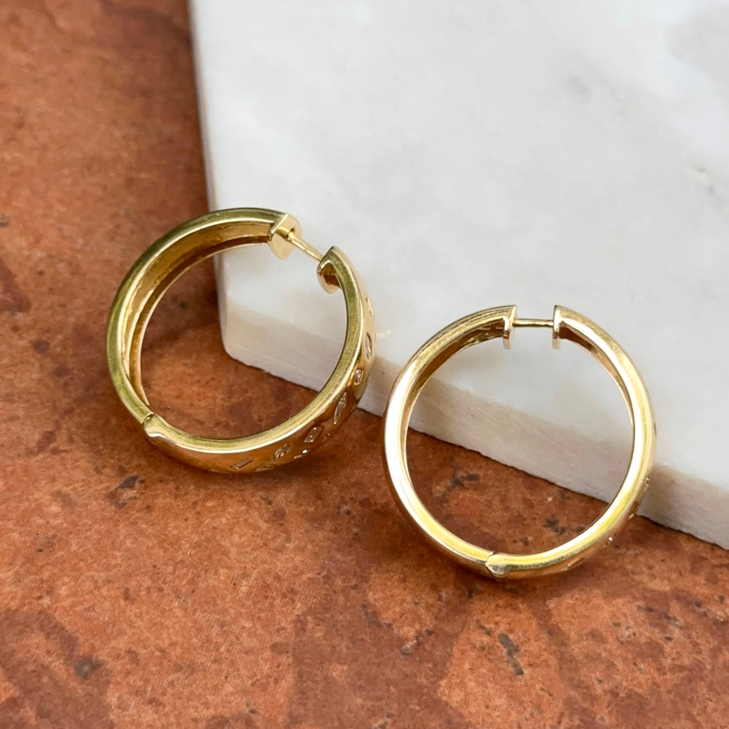 Estate 18KT Yellow Gold Multi-Shapes Gypsy Set Diamond Hoop Earrings Large