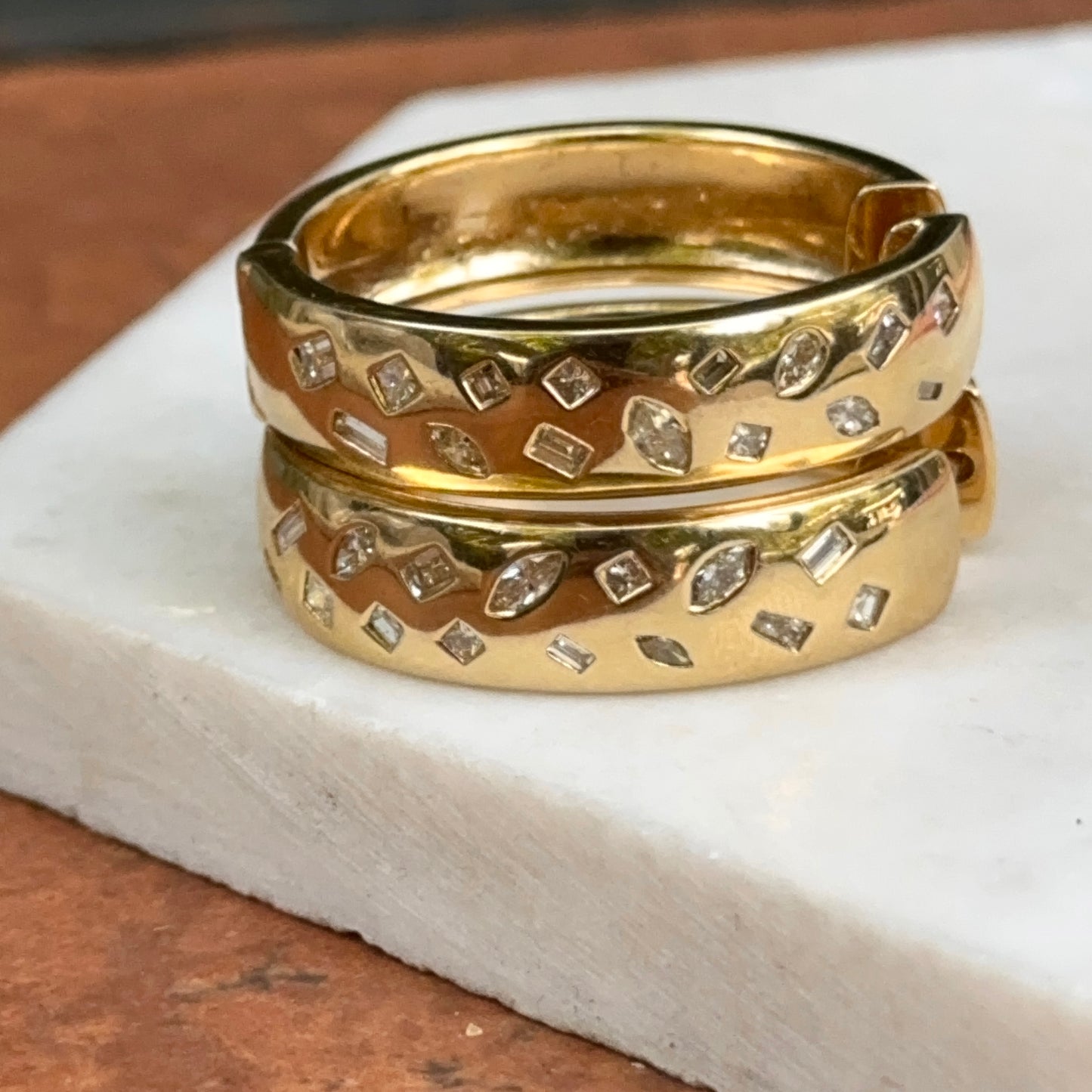 Estate 18KT Yellow Gold Multi-Shapes Gypsy Set Diamond Hoop Earrings Large