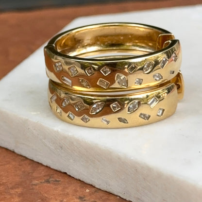 Estate 18KT Yellow Gold Multi-Shapes Gypsy Set Diamond Hoop Earrings Large