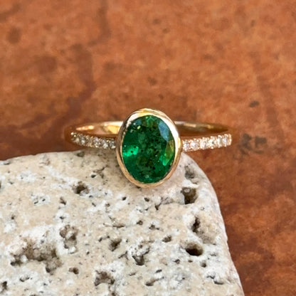 Estate 14KT Yellow Gold Bezel Oval Emerald + Diamond Band Ring