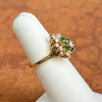 Estate 14KT Yellow Gold Diamond + Emerald Ballerina Ring
