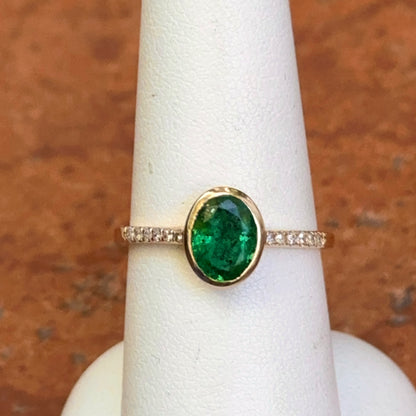 Estate 14KT Yellow Gold Bezel Oval Emerald + Diamond Band Ring