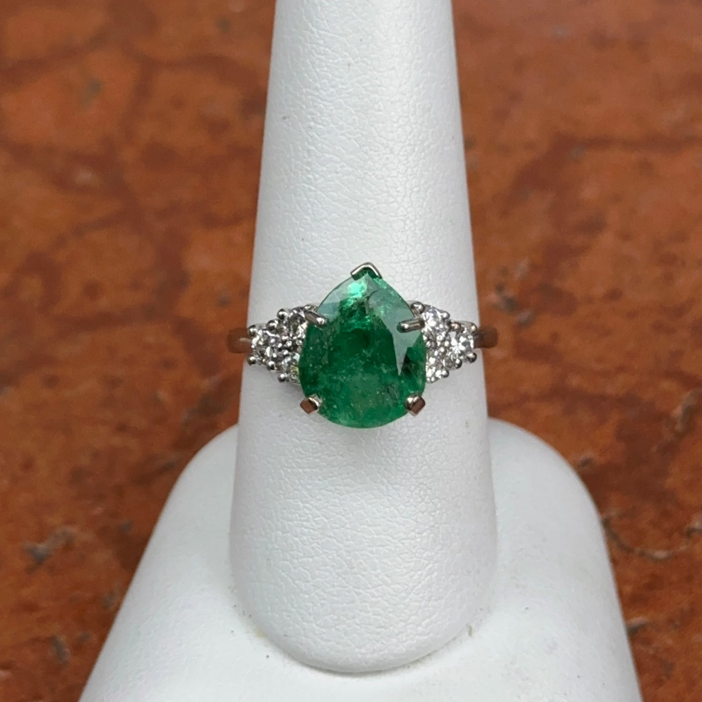 Estate 14KT White Gold Pear Emerald + Diamond Ring