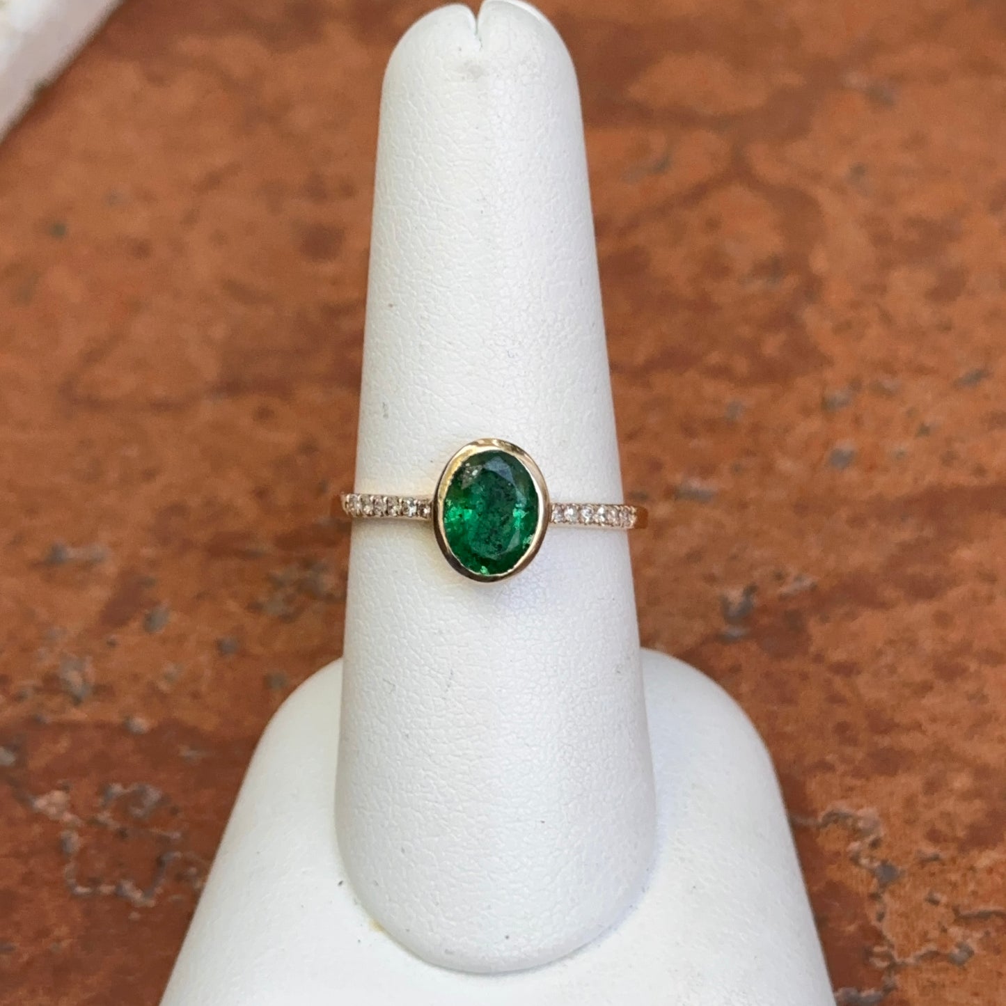 Estate 14KT Yellow Gold Bezel Oval Emerald + Diamond Band Ring