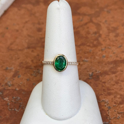 Estate 14KT Yellow Gold Bezel Oval Emerald + Diamond Band Ring
