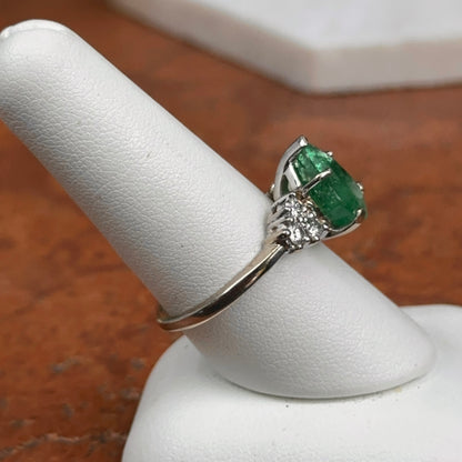Estate 14KT White Gold Pear Emerald + Diamond Ring
