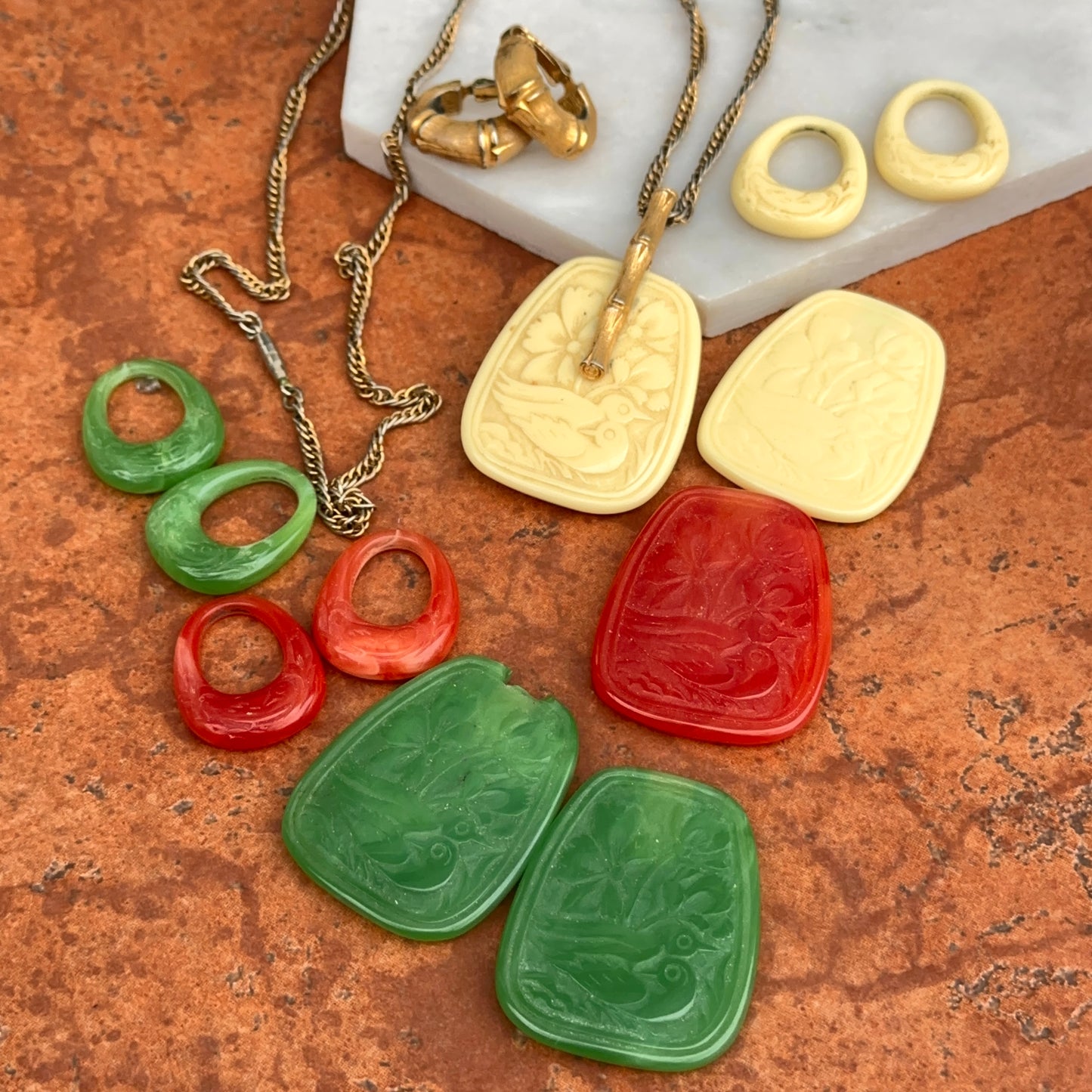Estate Gold-Tone Bamboo Earrings + Plastic Carved Charms + Necklace Set