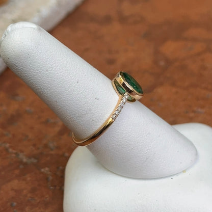 Estate 14KT Yellow Gold Bezel Oval Emerald + Diamond Band Ring