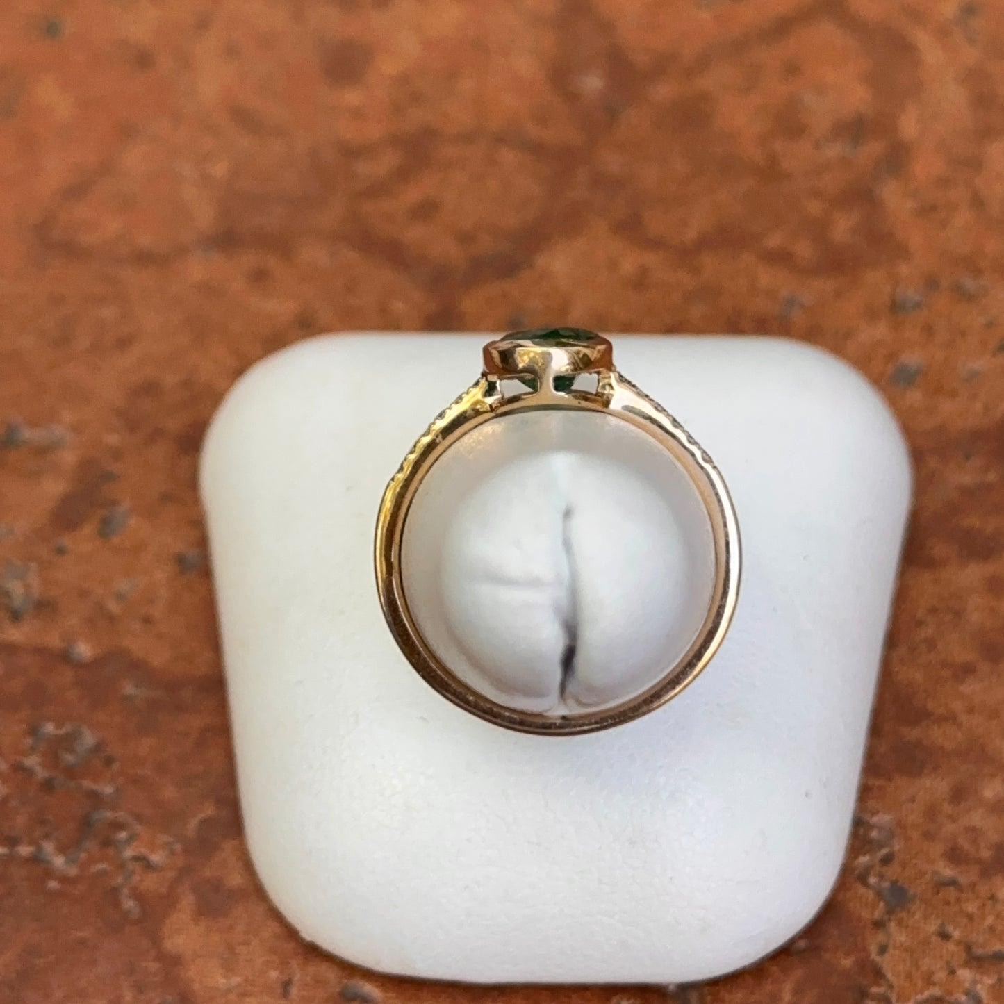 Estate 14KT Yellow Gold Bezel Oval Emerald + Diamond Band Ring