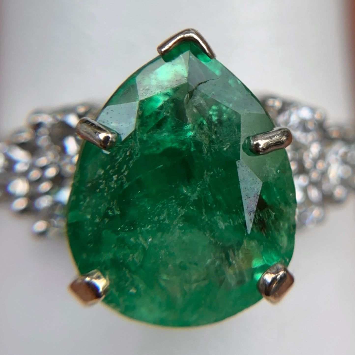 Estate 14KT White Gold Pear Emerald + Diamond Ring