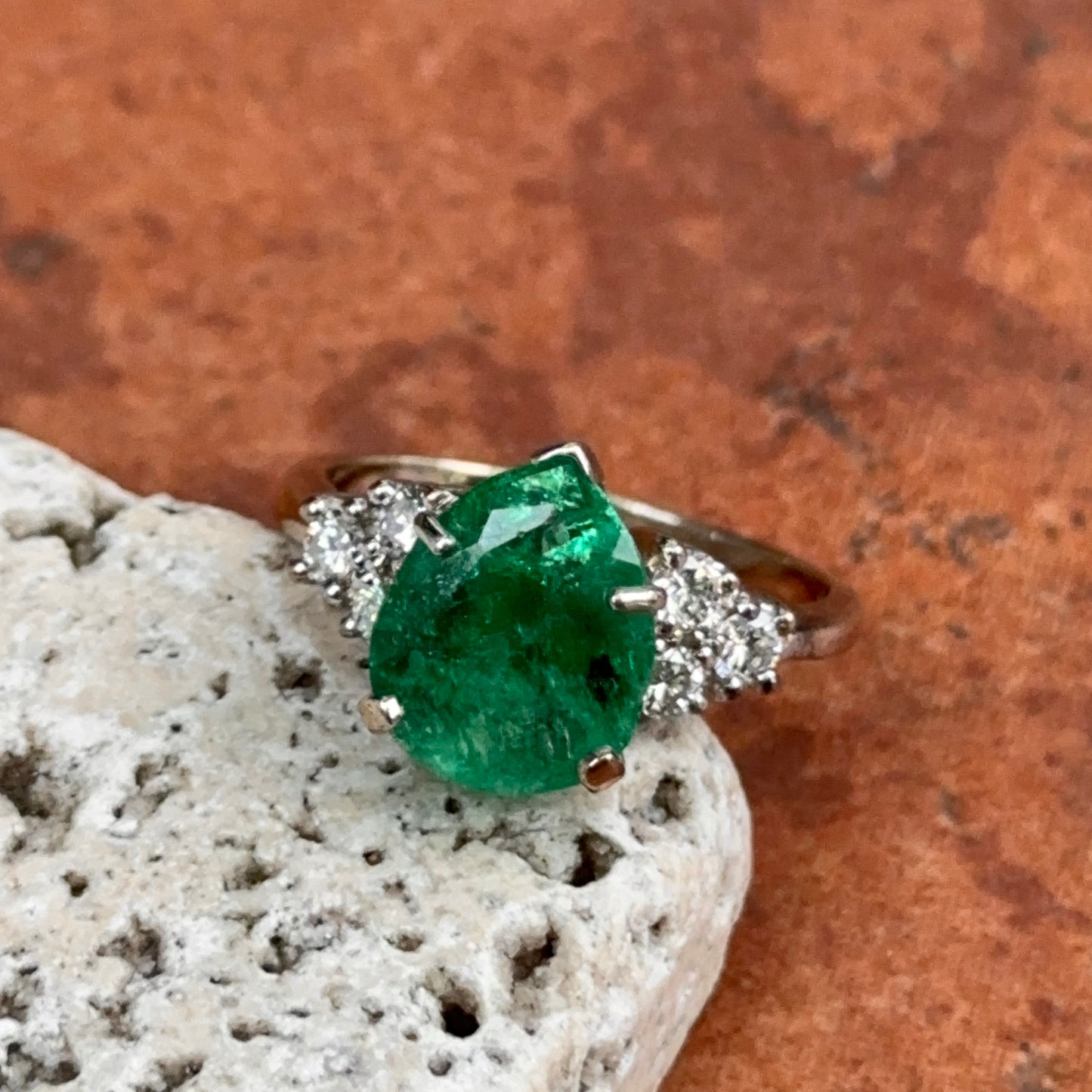 Estate 14KT White Gold Pear Emerald + Diamond Ring