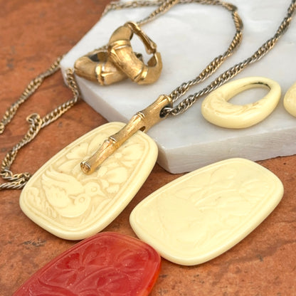 Estate Gold-Tone Bamboo Earrings + Plastic Carved Charms + Necklace Set