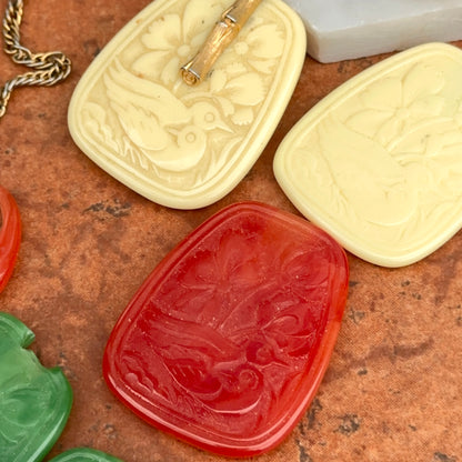 Estate Gold-Tone Bamboo Earrings + Plastic Carved Charms + Necklace Set