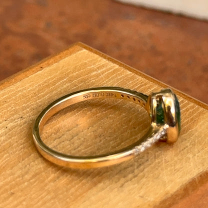 Estate 14KT Yellow Gold Bezel Oval Emerald + Diamond Band Ring