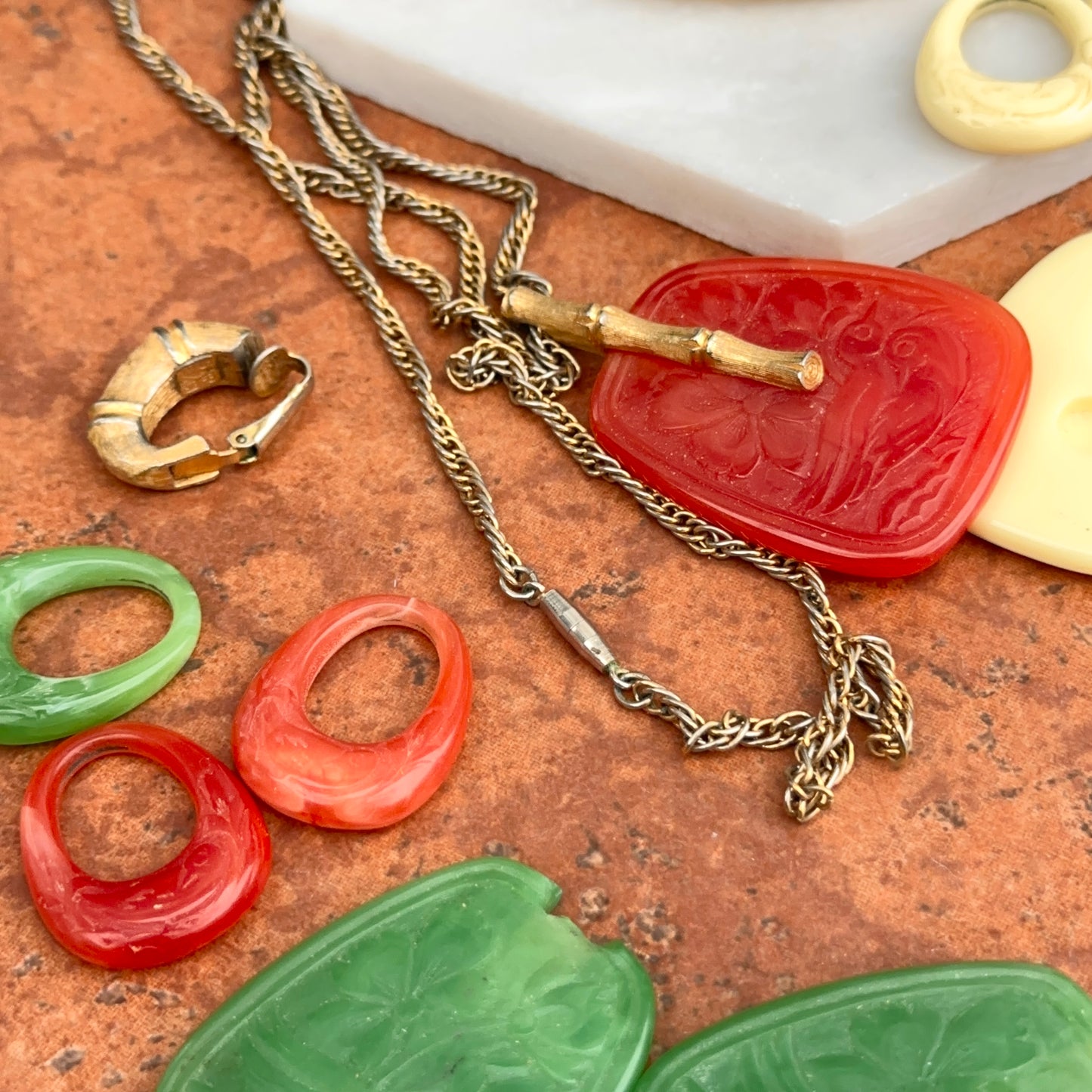 Estate Gold-Tone Bamboo Earrings + Plastic Carved Charms + Necklace Set