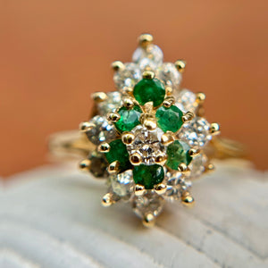 Estate 14KT Yellow Gold Diamond + Emerald Ballerina Ring