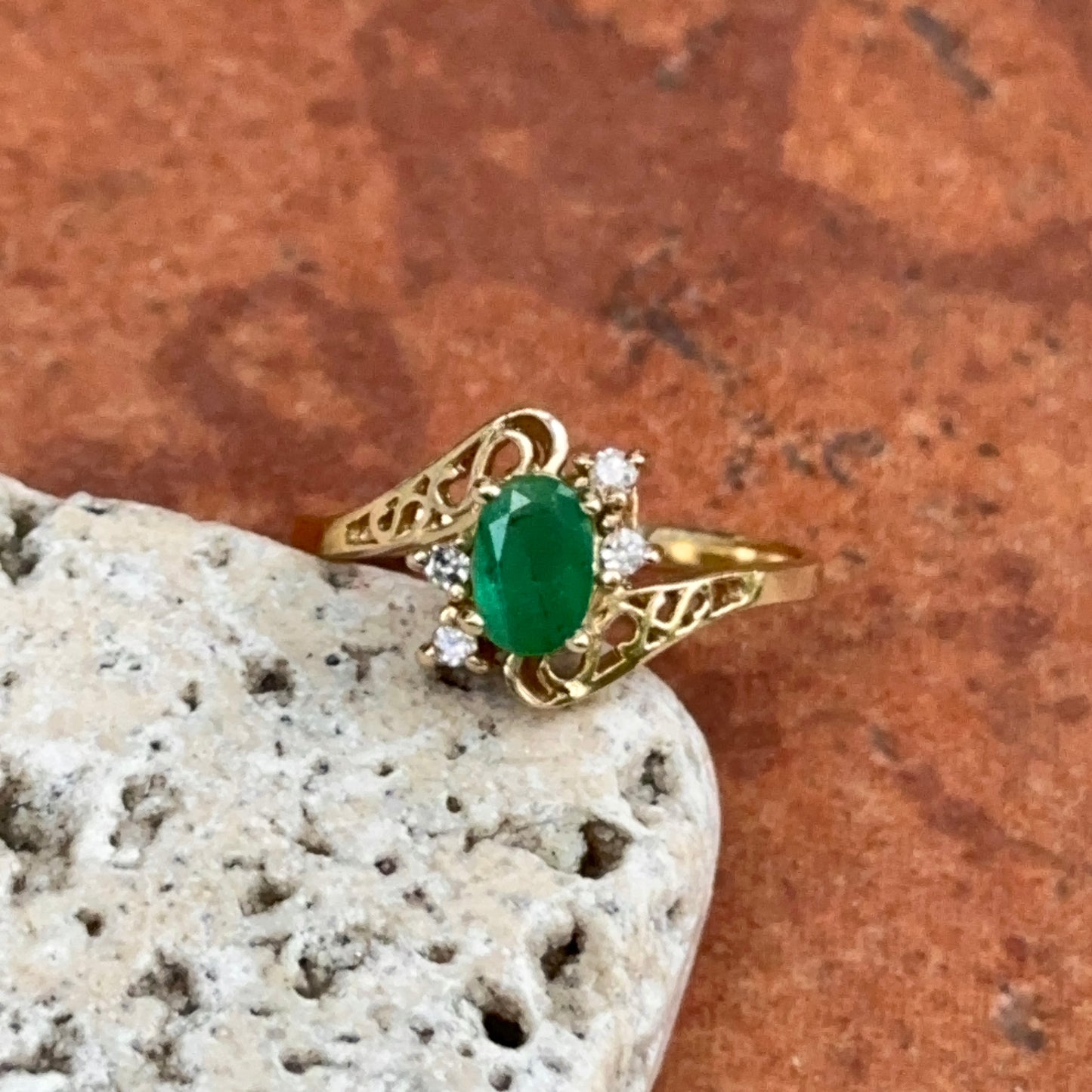 Estate 14KT Yellow Gold Oval Emerald + Round Diamond Ring