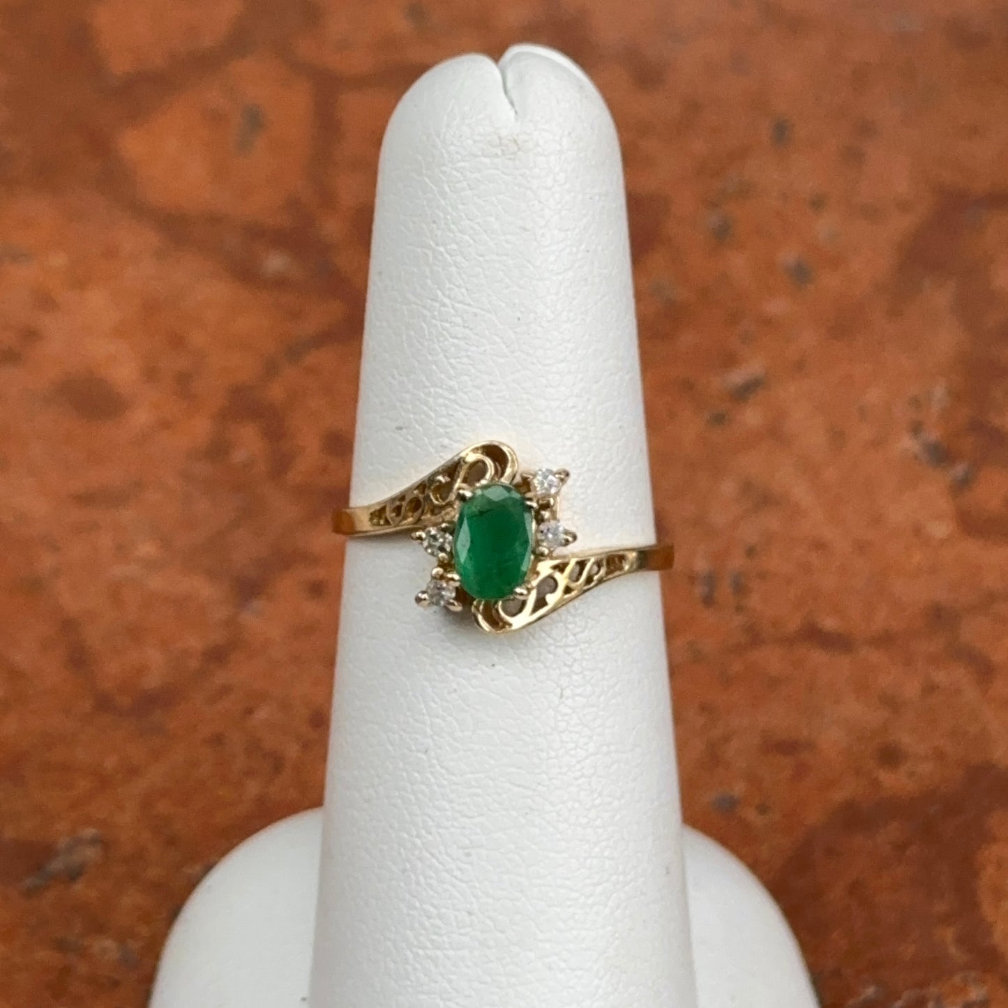 Estate 14KT Yellow Gold Oval Emerald + Round Diamond Ring