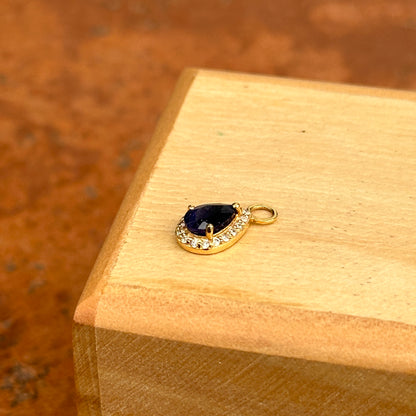 14KT Yellow Gold Pear Blue Sapphire + Diamond Halo Pendant Earring Charm