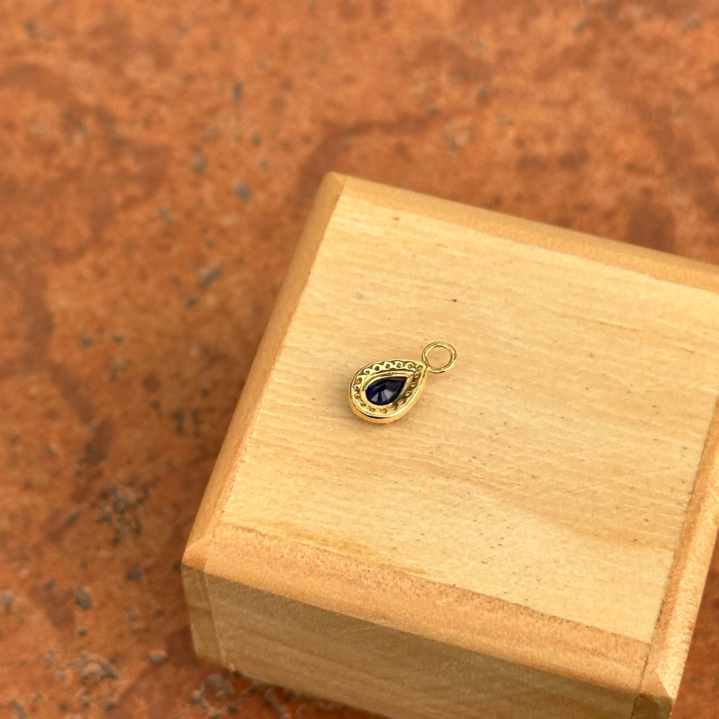 14KT Yellow Gold Pear Blue Sapphire + Diamond Halo Pendant Earring Charm